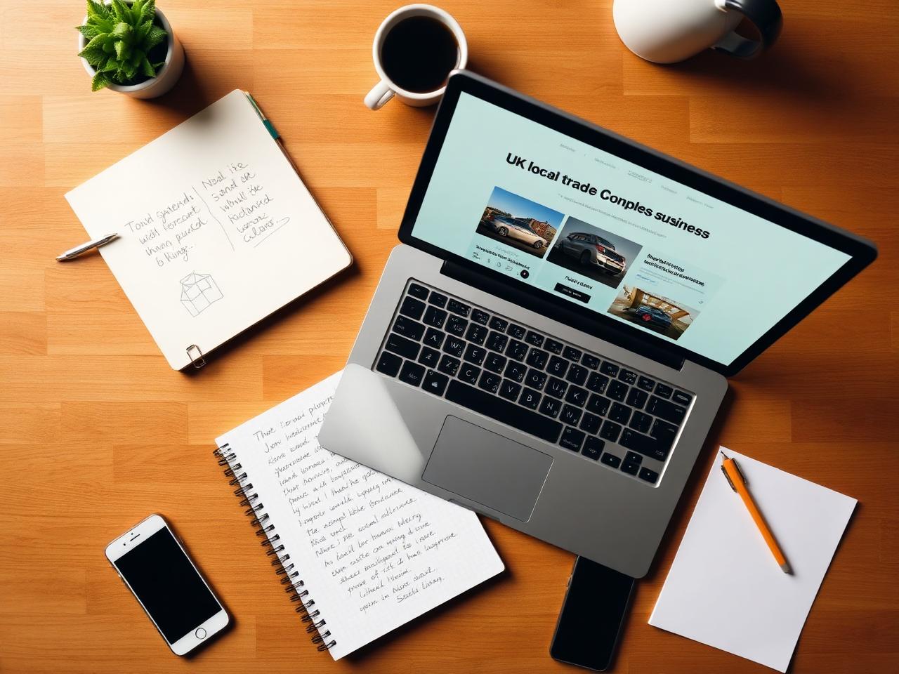 Laptop showing a local trade website, notebook with sketches, phone and coffee on a wooden desk