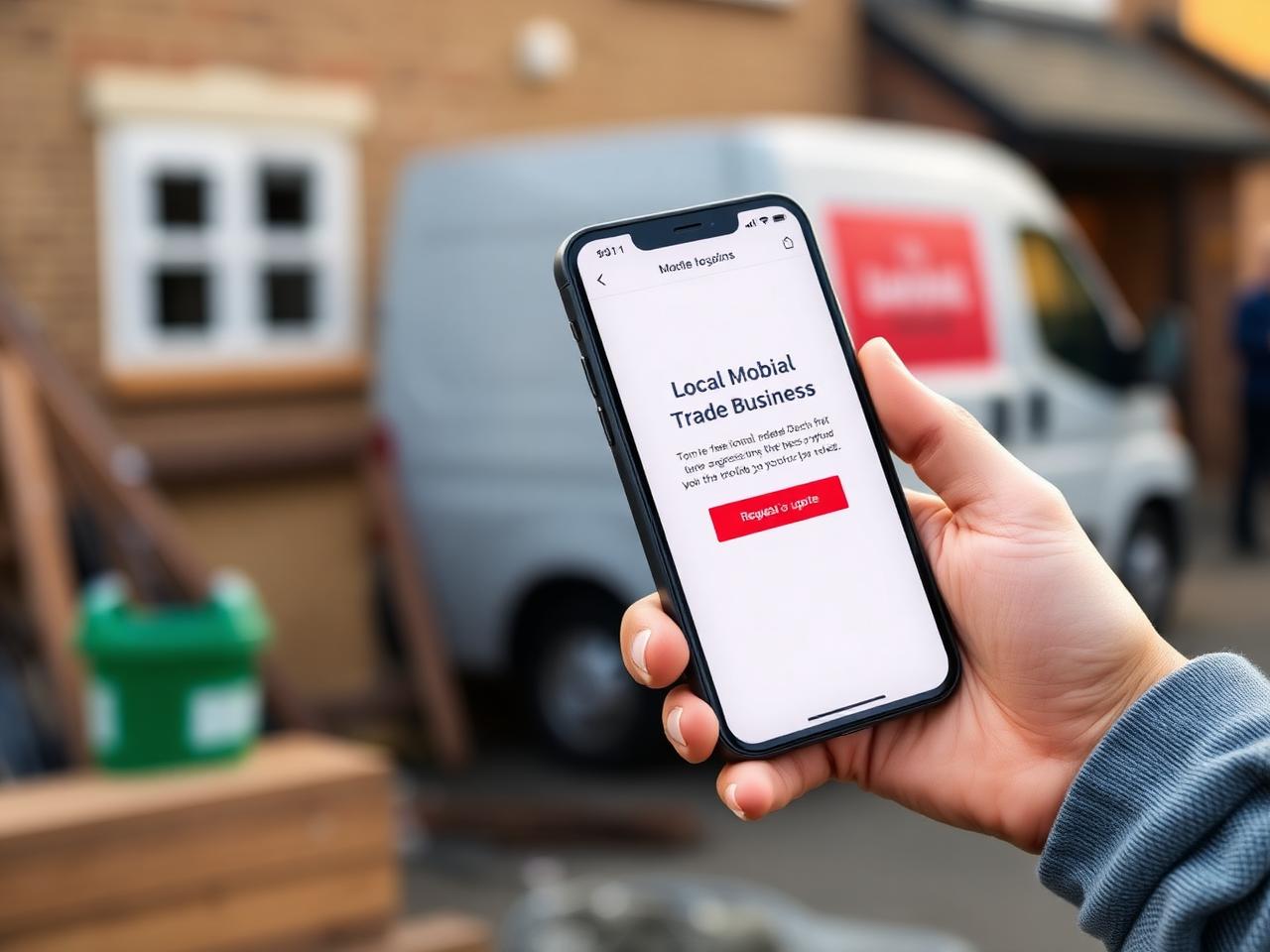 Hand holding a phone showing a clean local trade website with a Request a quote button