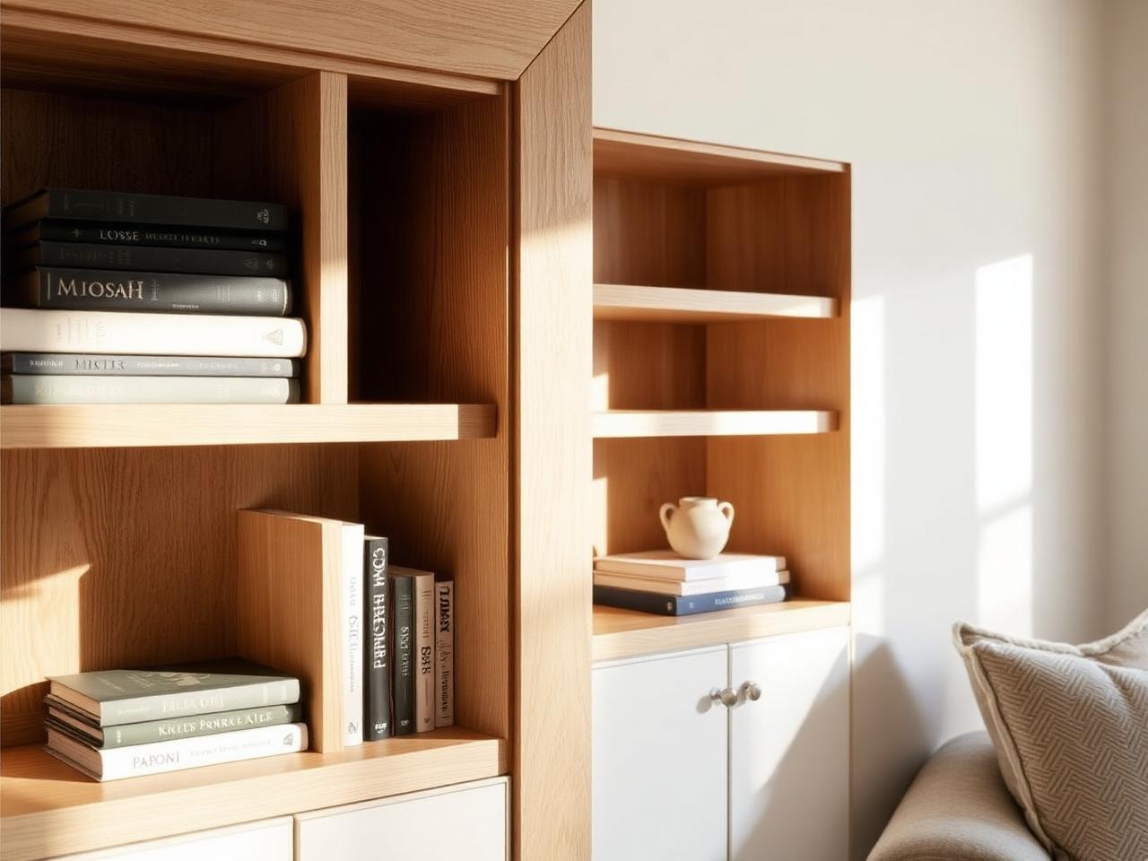 Bespoke fitted oak alcove shelving in a warm living room