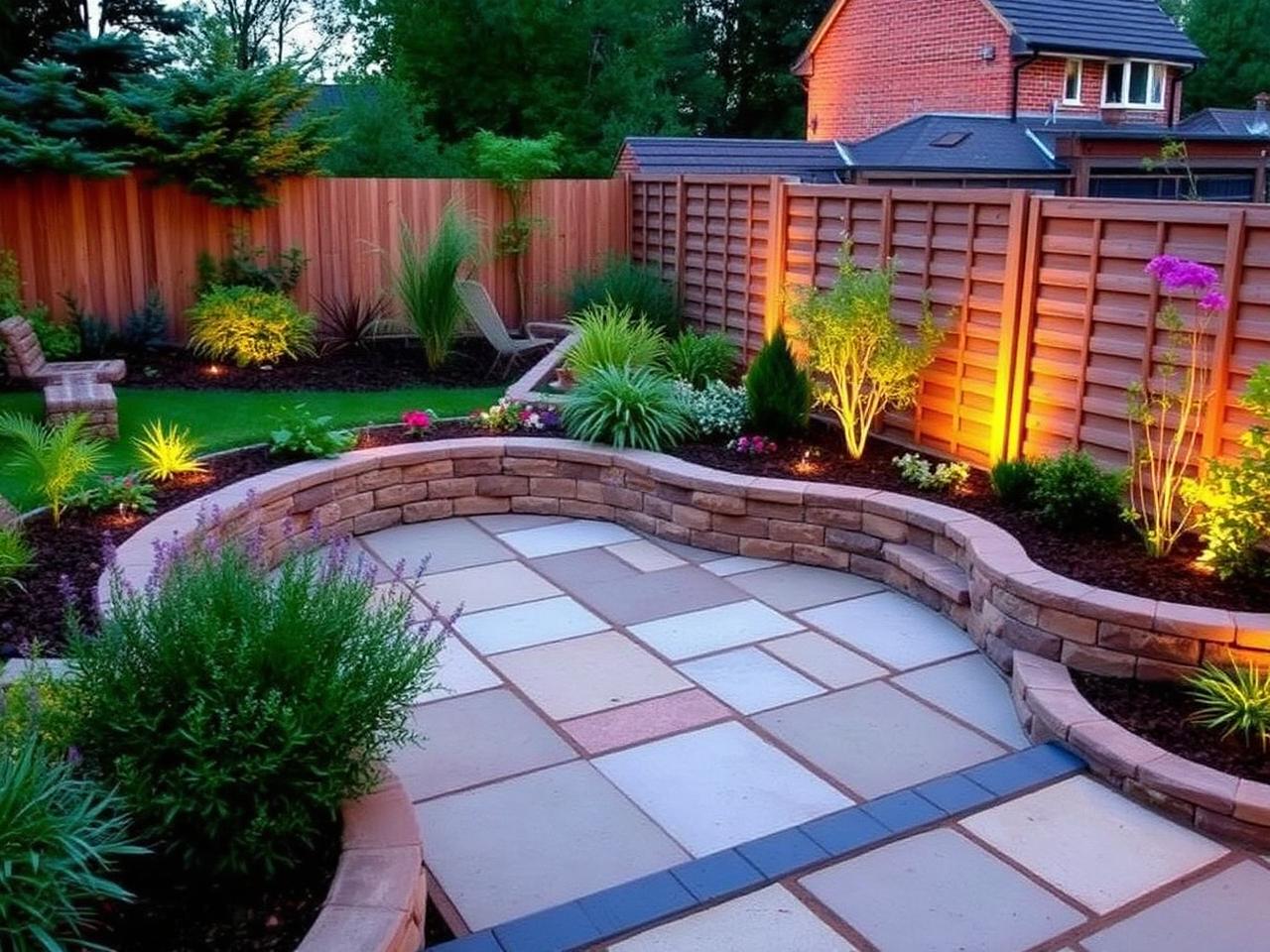 Finished landscaped back garden with stone patio and planting