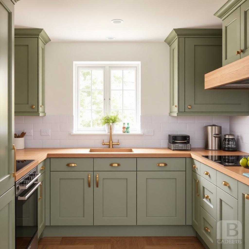 Modern sage green shaker kitchen with oak worktops