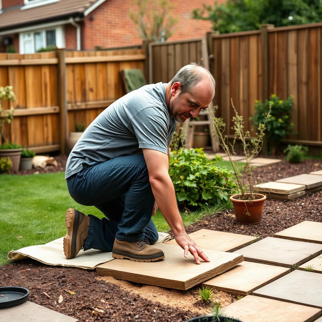 Landscaper laying a patio in a Surrey back garden